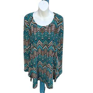 Spoint A'Reve Tunic Top Long Sleeve Scoop Neck Pullover Teal & Brown Size Medium